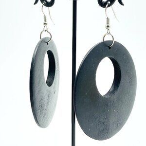 Wood Hoop Earrings Black Silver Tone Boho Festival Party Ethnic Native Tribal